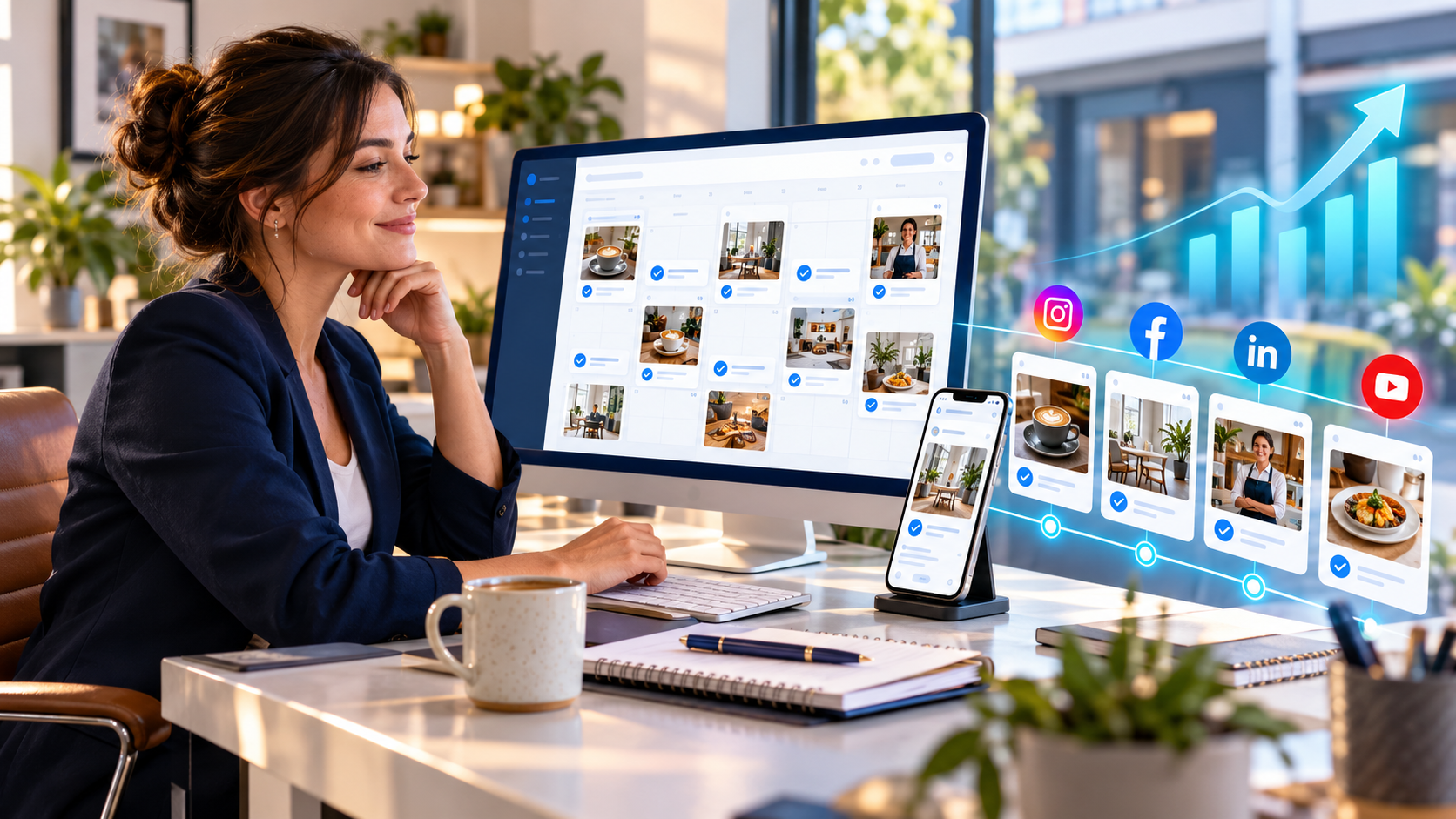 Business owner reviewing and scheduling a consistent calendar of social media posts across desktop and mobile