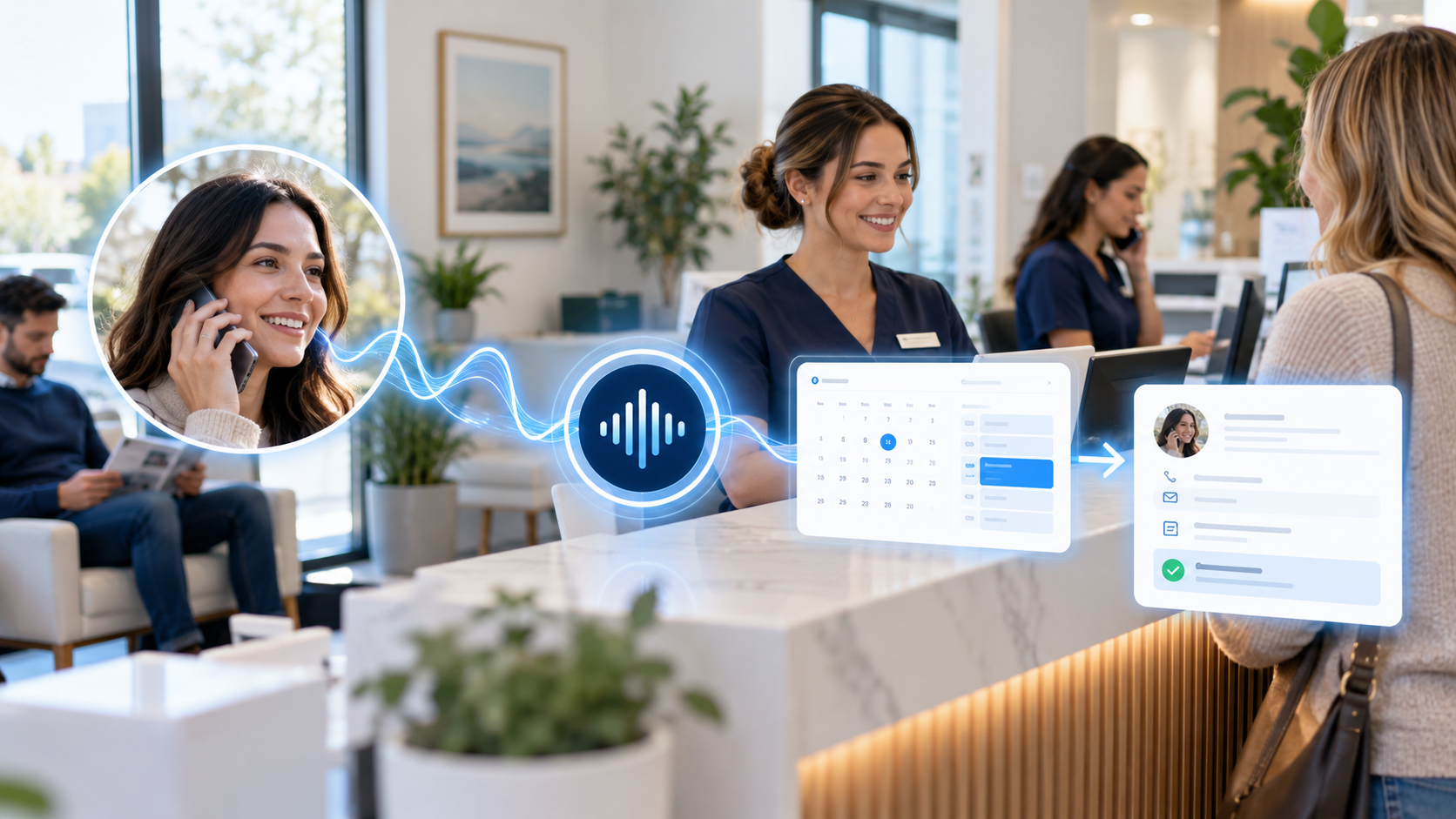 AI receptionist answering a customer call and creating an appointment in the business CRM while staff assist visitors